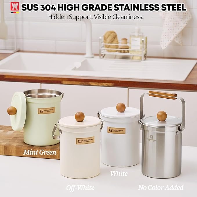 WAGENSTEIGER Kitchen Countertop Compost Bin 101Ounces / 3Liter with Airtight Lid, SUS304 Stainless Steel Odor-Free Food Waste Bin with Wooden Handle Stylish Design/Bathroon Trash Can (Mint Green)