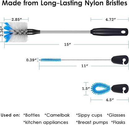MOSOLAN 3-in-1 Stainless Steel Bottle Brush and Straw Cleaning Set, Long Handle Scrub Brush with Replaceable Head for Water Bottles, Glasswares, Mugs, Flasks, Tumblers, Vases, Flat Head