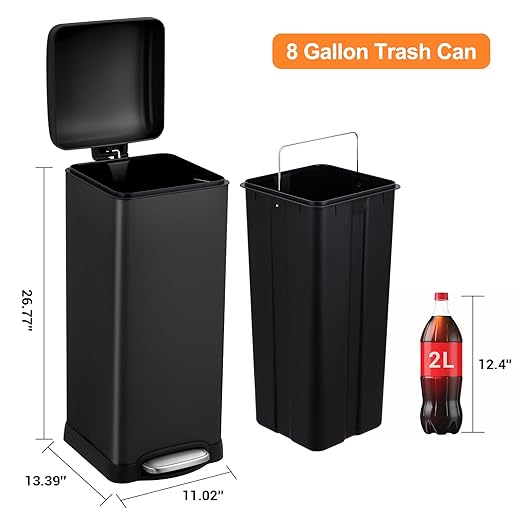 Garvee 8 gal/30 L Kitchen Trash Can, Stainless Steel Garbage Can with Soft Close Lid, Foot Pedal and Removable Inner Bucket for Home Office Bedroom Bathroom, Black
