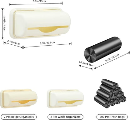 JINGIHE 4 Pcs Trash Bag Holder with 200 Garbage Bags, Adhesive Space-Saving Plastic Bag Dispenser, Kitchen Storage Organizer for Wall Mount Under Sink Inside Trash-can Washroom