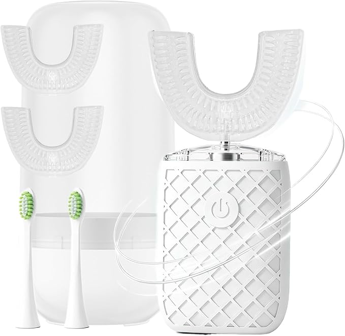 Sonic Electric U Shaped Toothbrush for Adults, Automatic Full Mouth Cleaning Toothbrush, 360° Stain Removal, IPX7 Waterproof Rechargeable, 3 U-Shape & 2 Straight Brush Heads (White - Cup)