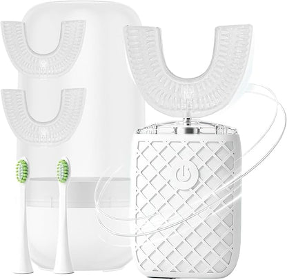 Sonic Electric U Shaped Toothbrush for Adults, Automatic Full Mouth Cleaning Toothbrush, 360° Stain Removal, IPX7 Waterproof Rechargeable, 3 U-Shape & 2 Straight Brush Heads (White - Cup)