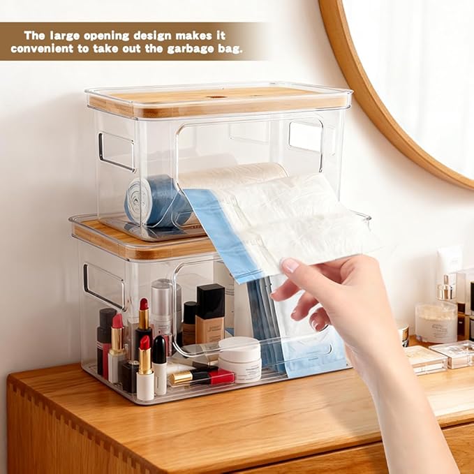 2Pcs Trash Bag Holder Under Sink Stackable Storage with 30 pcs Trash Bags, Clear Large Laundry Pods Container with Lid, Garbage Bag Dispenser Roll Holder for Kitchen Cabinet