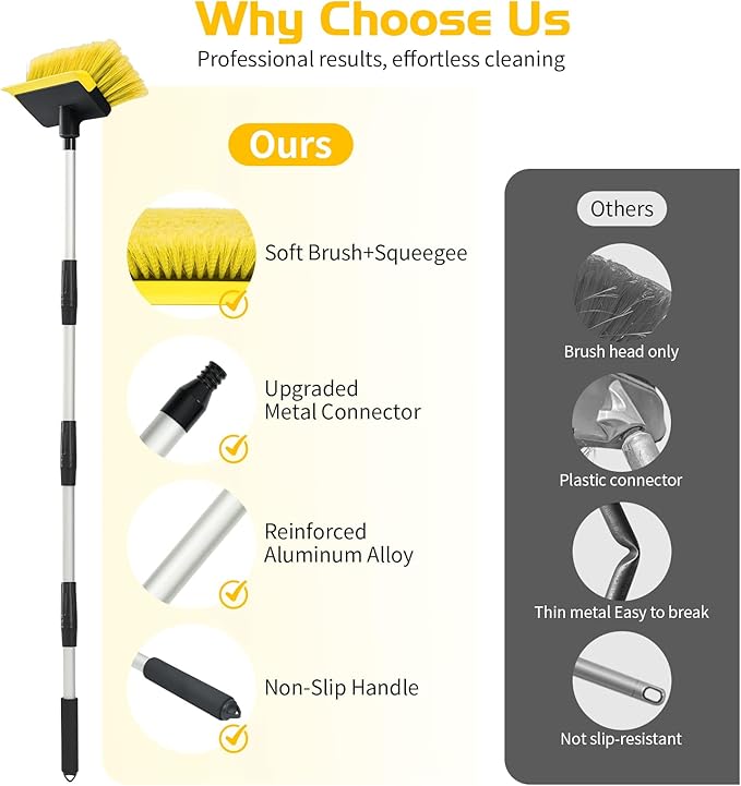 Ordenado 56" Car Wash Brush with Long Handle - Car Cleaning Brush with Soft Bristle & Squeegee, Scratch-Free Car Cleaning Mop Kit for Washing Exterior & Snow, Universal for RV Boat Truck SUV Yellow