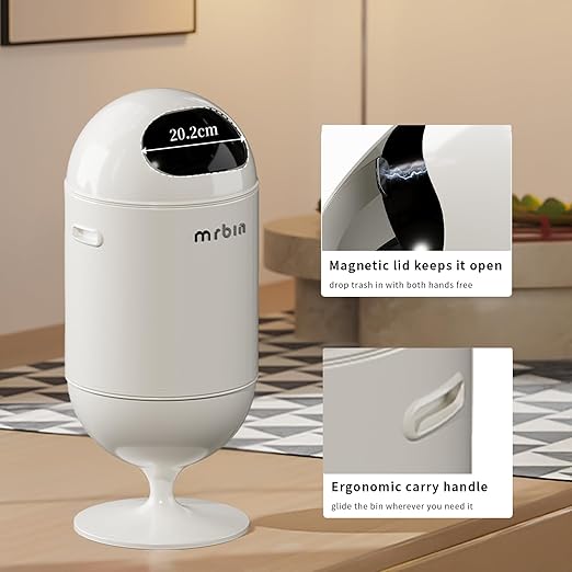 MRBIN Metal Trash Can with Lid, 5.3 Gallons / 20L Medium Decorative Waste Basket, Round Tall Garbage with High Leg for Bathroom, Office, Bedroom, Kitchen, Cream White