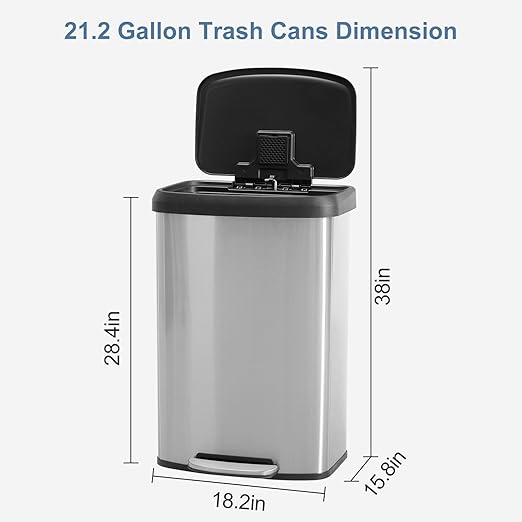21 Gallon Kitchen Trash Can (80 L), Stainless Steel Garbage Can with Soft-Close Lid & Foot Pedal, Large Step-on Waste Bins Trash for Home Office