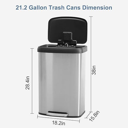 21 Gallon Kitchen Trash Can (80 L), Stainless Steel Garbage Can with Soft-Close Lid & Foot Pedal, Large Step-on Waste Bins Trash for Home Office