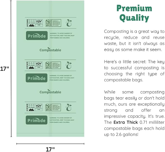 Compost Bags, Compostable Trash Bags 2.6 Gallon Compostable Bags Small 300 Count Compost Bags for Countertop bin Extra Thick 0.71 Mil. ASTM D6400 Certified By BPI and TÜV AUSTRIA 2.6 Gallon, 300 Units