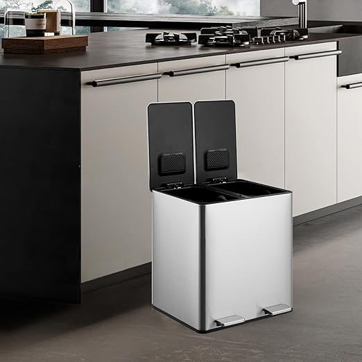 Garvee 2 x 4 gal Dual Compartment Trash Can for Kitchen - Stainless Steel Step Garbage Bin with Removable Buckets, Odor Control Filter & Soft-Close Lid | Recycling & Waste Separation Rubbish Bin