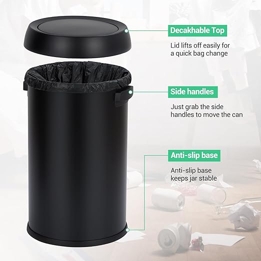 Garvee 65 L/17 gal Swing Top Trash Can, Fingerprint-Proof Stainless Steel Garbage Can, Heavy Duty Commercial Round Trash Bin with Swing Lid for Kitchen, Outdoor, Home, Office, Black