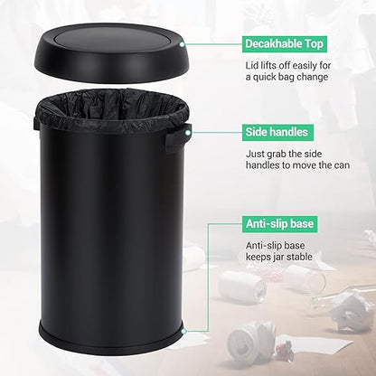 Garvee 65 L/17 gal Swing Top Trash Can, Fingerprint-Proof Stainless Steel Garbage Can, Heavy Duty Commercial Round Trash Bin with Swing Lid for Kitchen, Outdoor, Home, Office, Black