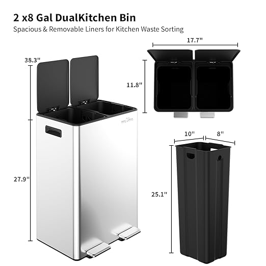 mVm Kitchen Trash Can, 16(2x8) Gal Dual Compartment Recycle Bin, Stainless Steel Garbage Bin for Home Kitchen Office (Silver)