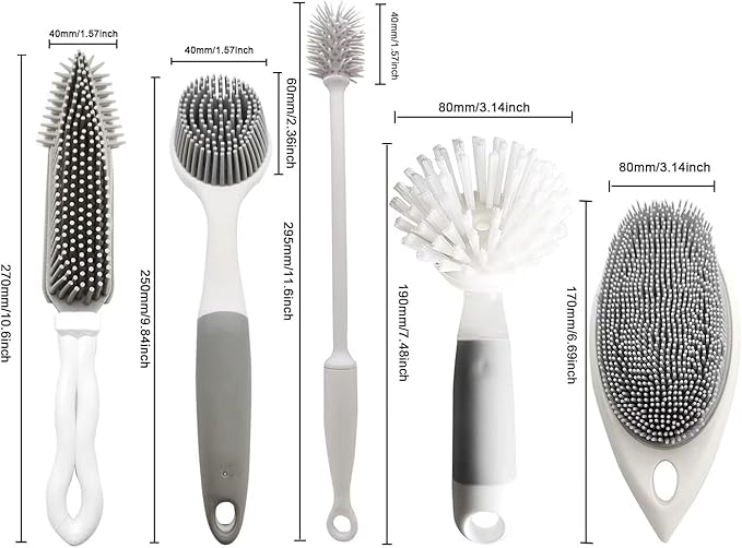 Silicone Brush Set for Kitchen,Dish Brush,Bottle Brush,Scrub Brush with Soap Dispenser,countertop Cleaning Brush,Kitchen Cleaning (5pack)