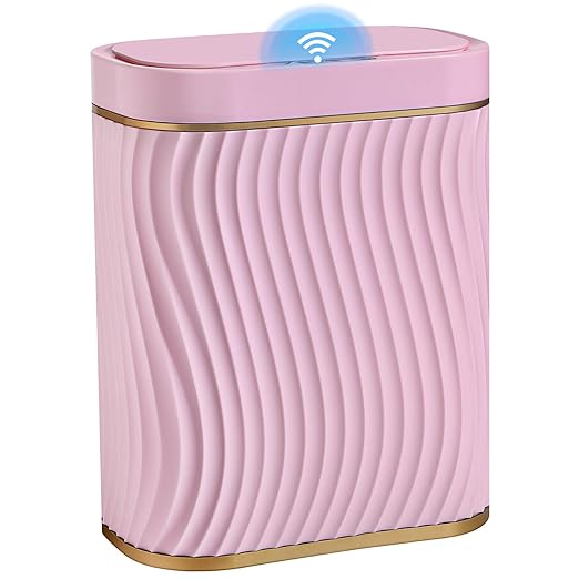 steo spce Bathroom Small Trash Can with Automatic Touchless Lid, 2.6 Gallon Smart Garbage Can Narrow Waterproof Trash Bin for Bedroom, Office, Living Room (Gold Pink)