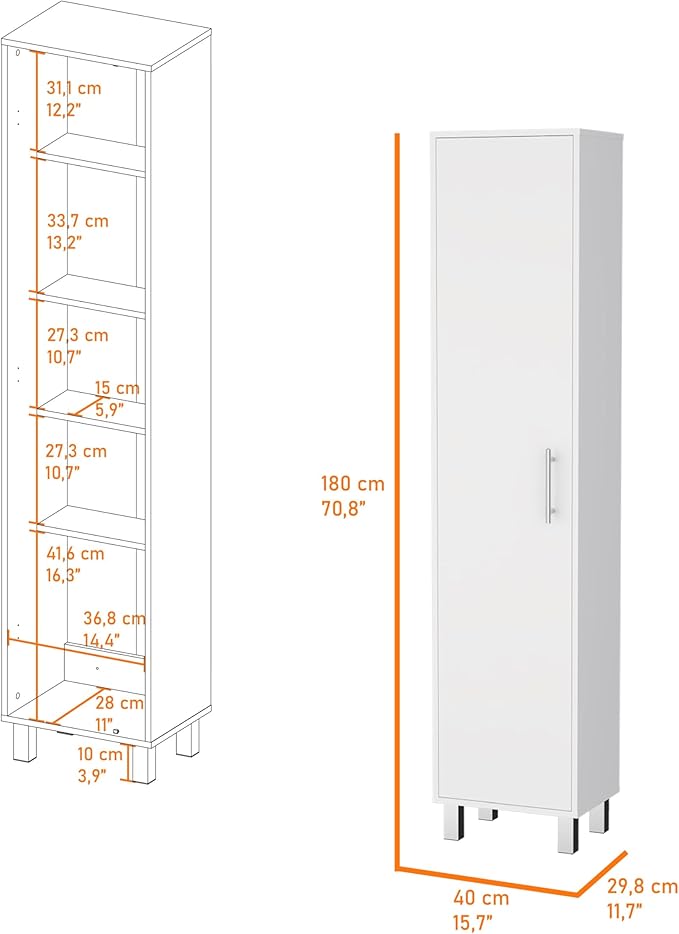 Tall Storage Cabinet Single Door with 3 Broom Hangers White Particle Board 5 Interior Shelves 11 in D x 14.4 in W Ergonomic Freestanding Organizer for Laundry Mudroom Closet
