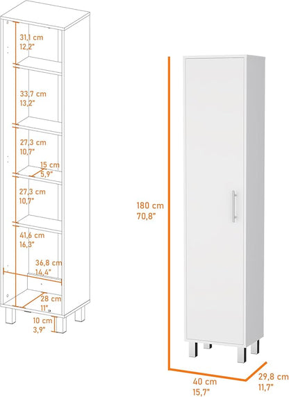 Tall Storage Cabinet Single Door with 3 Broom Hangers White Particle Board 5 Interior Shelves 11 in D x 14.4 in W Ergonomic Freestanding Organizer for Laundry Mudroom Closet