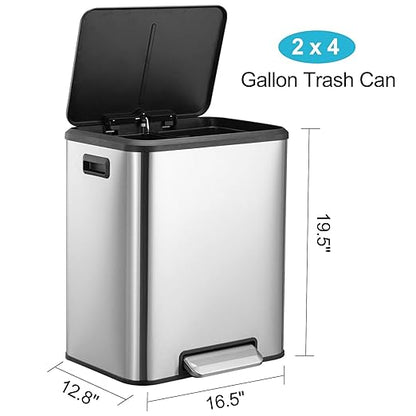 Kitchen Trash Can, 2x4 Gallon Rectangular Kitchen Waste Bin, Dual Separate Compartment Recycle Bin with Removable Plastic Inner Buckets, Soft Step-on with Lid