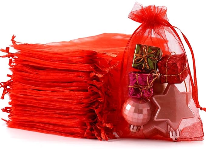 Meowoo 100PCS Organza Bags, 4x6in Small Mesh Bags Drawstring, Mesh Gift Bags Drawstring for Jewelry, Candy, Christmas, Sachets, Festivals, Bathroom Soaps, Makeup Organza, Wrapping Supplies(red)