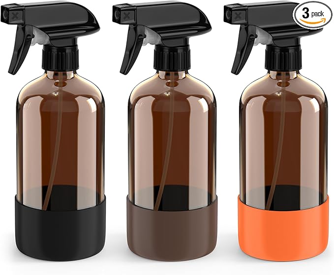 Bontip Amber Glass Spray Bottle with Silicone Sleeve Protection, 16 oz Refillable Spray Bottles for Cleaning Solutions, Plants, Aromatherapy, Facial Hydration (3, Black & Brown & Orange, 16 oz)