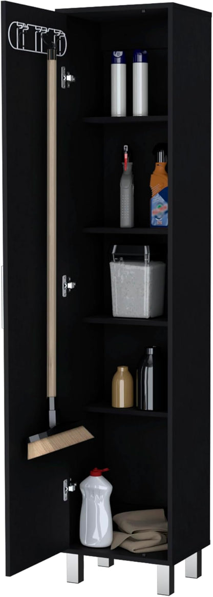 Storage Cabinet, Single Door Freestanding Black Cabinet with 3 Broom Hangers & 5 Interior Shelves, Modern Particle Board Melamine Kitchen Organizer, 11.73" D x 15.75" W x 70.87" H