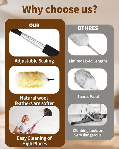 Extendable Wool Duster, 18-48 Inch Long Handle Duster with Natural Fluffy Wool Head, Dusters for Cleaning Ceiling Fans, Blinds, High Ceilings, Furniture, Washable & Reusable