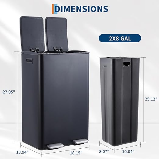 Takywep 2 x 8 Gal (2 x 30L) Kitchen Dual Trash Can, Stainless Steel Double Trash Can with 2 Removable Inner Buckets, Soft-Close Lid, Double Compartment Recycling Bin for Kitchen Home Office, Black