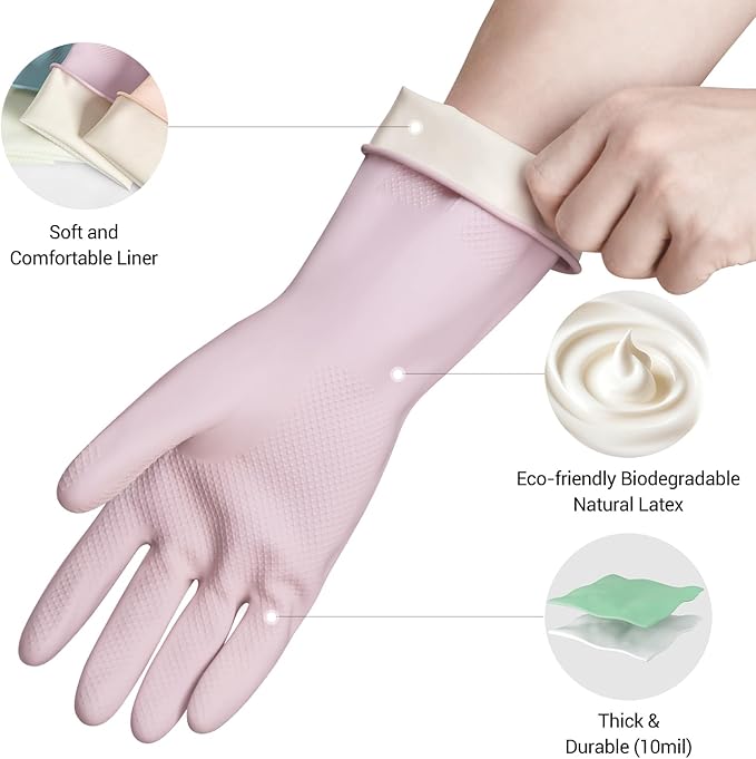 ThxToms 4 Pairs Reusable Natural Latex Dishwashing Gloves, 13" Long, 10 Mil Thick, Non-Slip Rubber Kitchen Cleaning Gloves, Multi-Color, Ideal for Household, Bathroom, Pet Care & Gardening, Medium