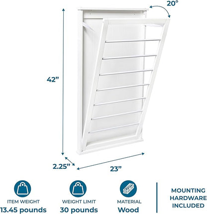 Honey-Can-Do Wall-Mounted Wooden Clothes Drying Rack with Drying Rod, Foldable Space-Saving Laundry Rack, Holds 30 lbs, Stylish White MDF Design for Laundry Room Bathroom, 23"W x 42"H