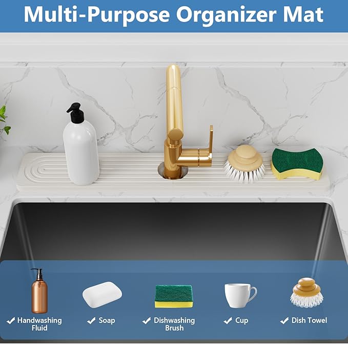 24'' Longer Stone Faucet Mat for Kitchen Sink [Super Absorbent, 30s Quick Drying] Water Absorbing Stone Tray for Sink Stone Mat for Kitchen Sink Stone Quick Dry Around Faucet Diatomite Stone Sink Tray
