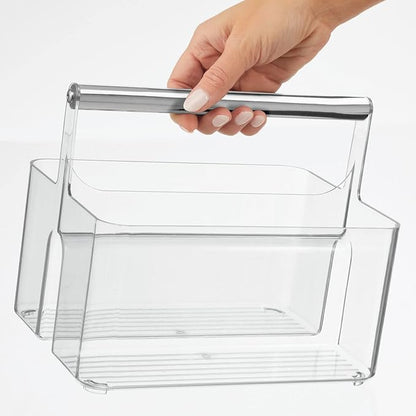 mDesign Plastic Shower Caddy Storage Organizer Utility Tote, Divided Basket Bin - Metal Handle for Bathroom, Dorm, Kitchen, Holds Soap, Shampoo, Conditioner - Aura Collection - Clear/Chrome