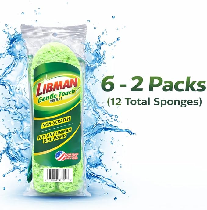 Libman 1131 Gentle Touch Dish Wand Refills, Non-Scratch Cellulose Sponge Heads with Scraper, Fits Libman #1130 Foaming Dish Wand, Made in USA, 12 Refills Total