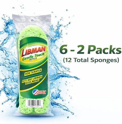 Libman 1131 Gentle Touch Dish Wand Refills, Non-Scratch Cellulose Sponge Heads with Scraper, Fits Libman #1130 Foaming Dish Wand, Made in USA, 12 Refills Total