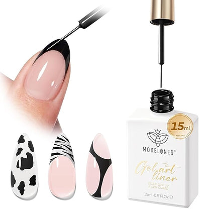 modelones Black French Tip Liner Gel Polish, 15 ML All Black Classic Color Nail Art Paint Swirl with Upgraded Fine Line Brush Soak Off U V DIY Home Salon Professional Manicure Design Gift for Women
