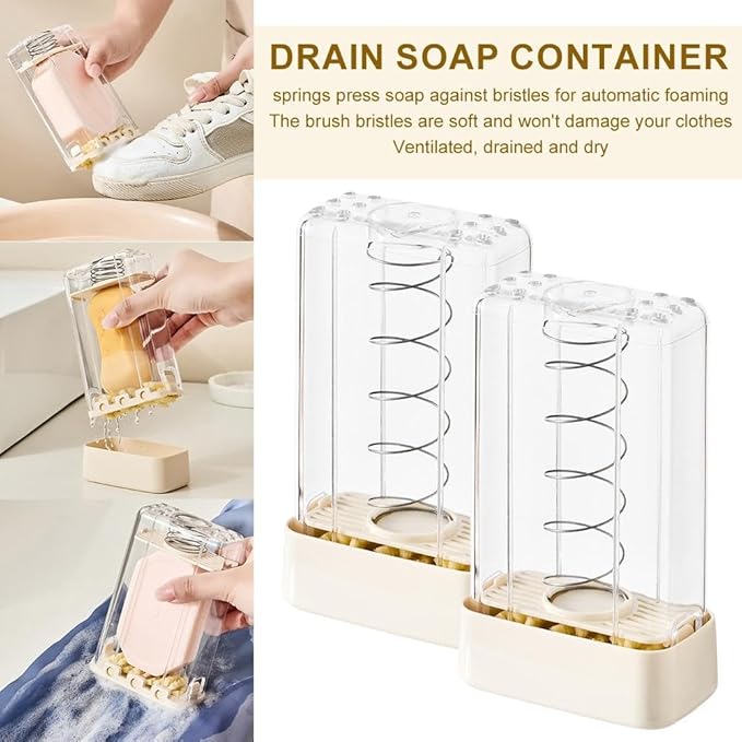 Drain Soap Container - Roller Brush Foaming Cleansing Keeper Portable Spring Powered Washing Box for Fabric Care, Zero Waste Soap Saver Holder for Laundry Bathroom Shower (2pcs)