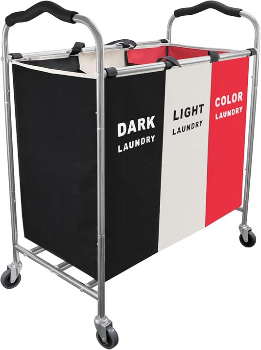240L Laundry Hamper, Large Blanket Storage Basket Sorter 3 Section Bag Organizer for Dirty Clothes - Toys - Towel,16 X 34 X 35 inch Heavy Duty Laundry Cart Baskets (Black and white Red wheel)