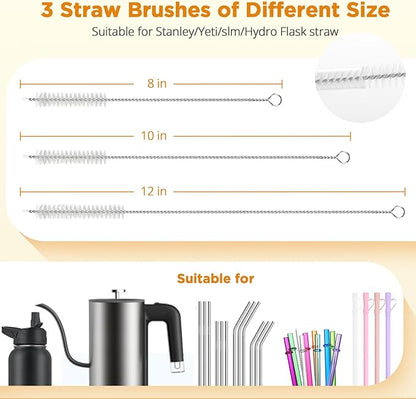 OUTXE 6 Pack Bottle Brush Set, 5-in-1 Water Bottle Cleaner Brush, 14" Long Handle Bottle Cleaning Brush, 3 Straw Brush, Removable Nipple Detail Brush for Cup Lid Gap, with Replecement Sponge