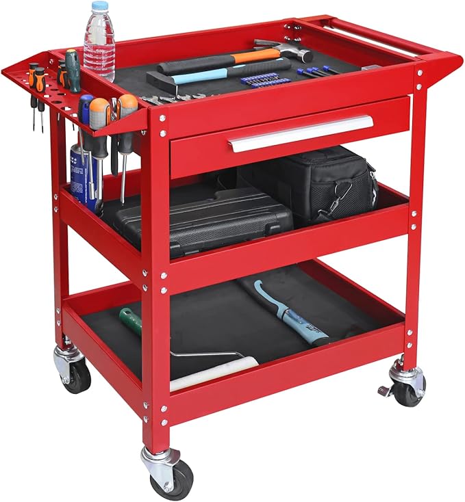 GSTANDARD APTB311R Torin Rolling Tool Cart with Drawer: 3 Layer Tool Oragnizer with Foam Pad and Heavy Duty Utility Cart with Four Swivel Casters, Red