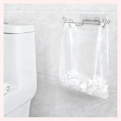 Stainless Steel Trash Bag Holder, Hanging Trash Can Rack for Cabinets/Door/Cupboards/Wall, Plastic Bag Holder with 3Pcs Adhesive Wall Sticker, Kitchen Under Sink Dishcloth Rack