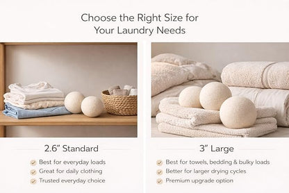 XL Wool Dryer Balls 6 Pack, 3 Inch, 100% New Zealand Wool, Reusable Natural Fabric Softener for Towels, Bedding and Larger Loads, Helps Reduce Drying Time, Wrinkles and Static Cling