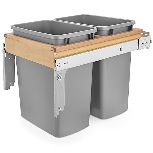Rev-A-Shelf 35 Qt Top Mount Double Pullout Under Cabinet Kitchen Trash Cans w/Soft-Close for Base Cabinets,150 Pound Rated Full-Extension Slides, Min Opening Width of 15", Silver, 4WCTM-18BBSCDM2