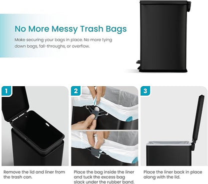 Home Zone Living 8 Gallon Slim Kitchen Trash Can with Soft Close Lid, Step Pedal, Bag Tuck Band, and Removable Liner, Stainless Steel, Matte Black, 30 Liters