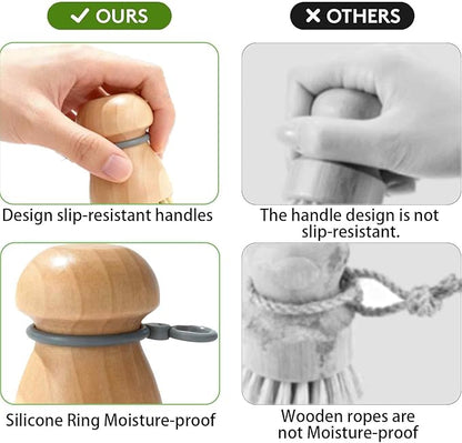 2 Pack Wooden Dish Brush, Compact Palm Dish Scrubber with Soft Rubber Hanging Ring, PBT Bristles Kitchen Scrub Tool for Dishes, Pots, Pans and Sink Cleaning