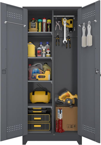 72.8" H Metal Broom Closet Storage Cabinet with 2 Doors and 4 Adjustable Shelves,Locking Storage Cabinets for Garage,Laundry Room,Grey