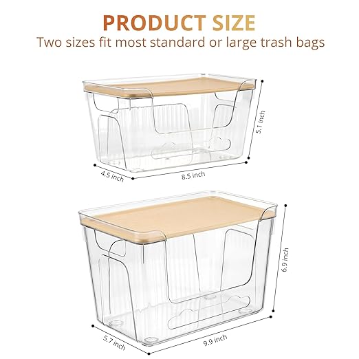 CANTAMI 2 Pack Trash Bag Dispenser with Lid, Plastic Stackable Trash Bag Holder, Clear Organizer Bins for Kitchen, Laundry Room, Under Sink Organization and Storage