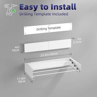 ZMBESUP Wall Mounted Drying Rack, 23.6" Foldable Clothes Drying Rack for Laundry Room Organization, Space Saving Retractable Laundry Rack for Small Space Apartment Bathroom Balcony (White)