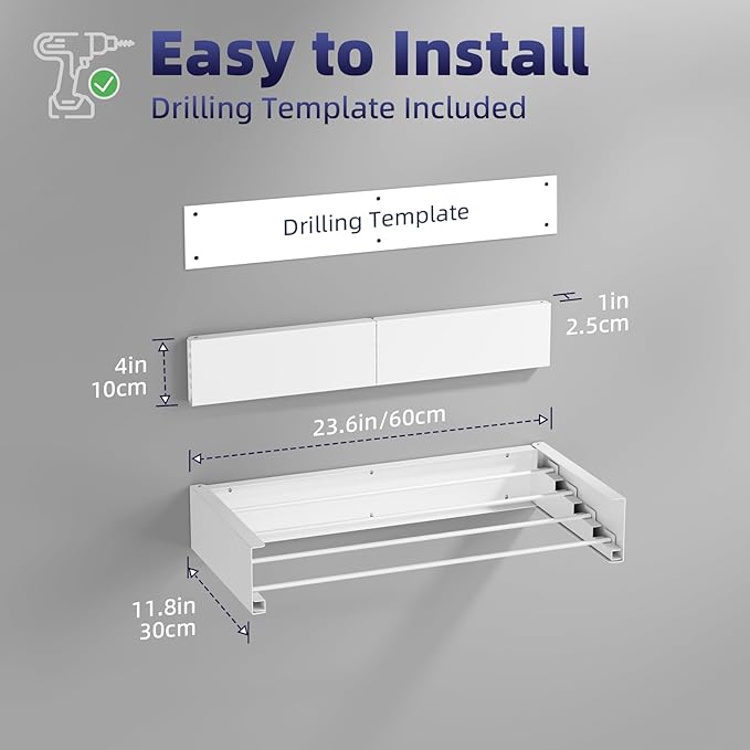 ZMBESUP Wall Mounted Drying Rack for Small Space, 23.6" Foldable Collapsible Laundry Rack, Compact Space Saver for Apartment Bathroom Balcony, Includes Wall Template (White)