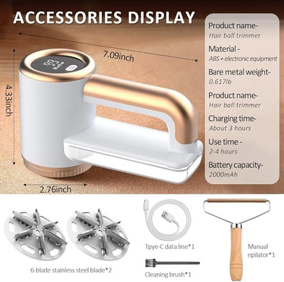 HuanQiu Sensmart Home Hair Trimmer White Model, Clothes Shaver Hair Ball Remover Rechargeable, Six-Tooth Blade with 3 Blades, Sweater Shaver Unisex Hair Remover for Home Clothes, Sofa, Bed Sheets