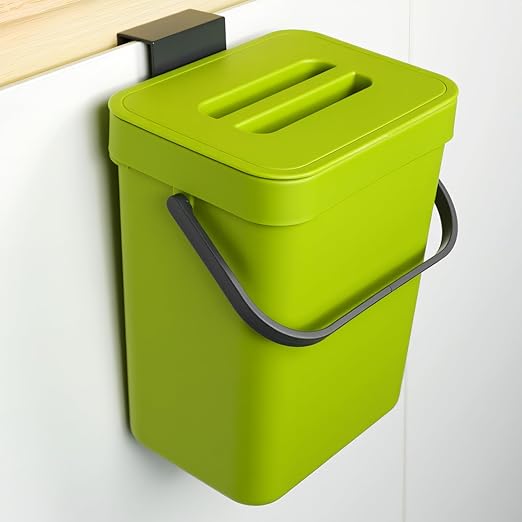 Kitchen Waste Bin with Hooks 5L, Indoor Kitchen Sealed Under Sink for Kitchen, Food Waste Bin for Countertop (DarkGreen)