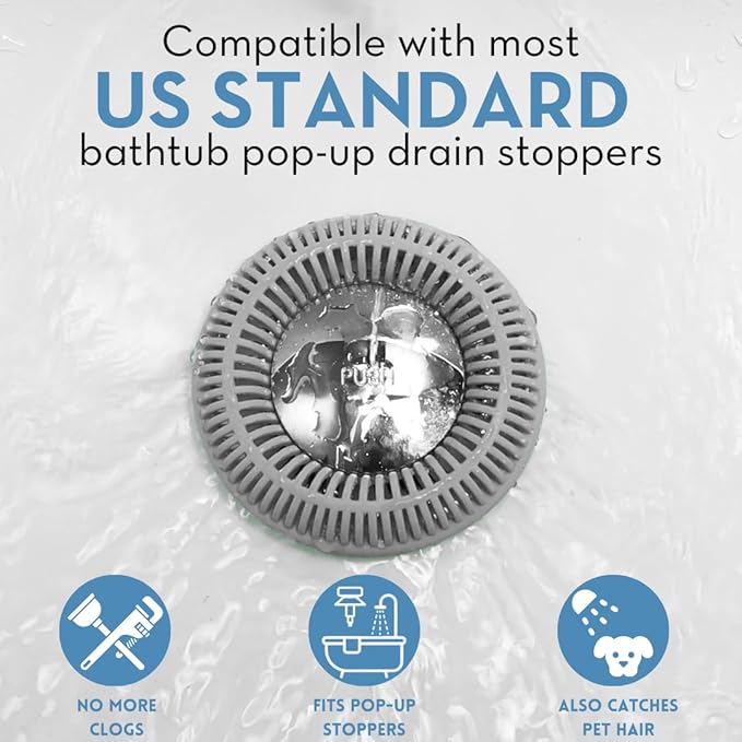 Hair Catcher for Shower Drain & Bathtub – TubRing Pop-Up Drain Protector & Strainer, Reusable Silicone Stopper for Bathroom Clog Prevention, Fits 1.85"–2.16" Drains | Gray