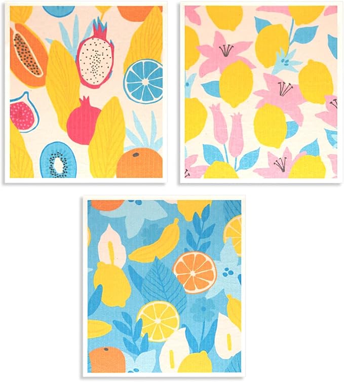 6 - Pack Swedish Kitchen Dish Cloths - Reusable Paper Towels for Counters & Dishes - Eco Friendly Cellulose Sponge Cloth (Fruit Plants)